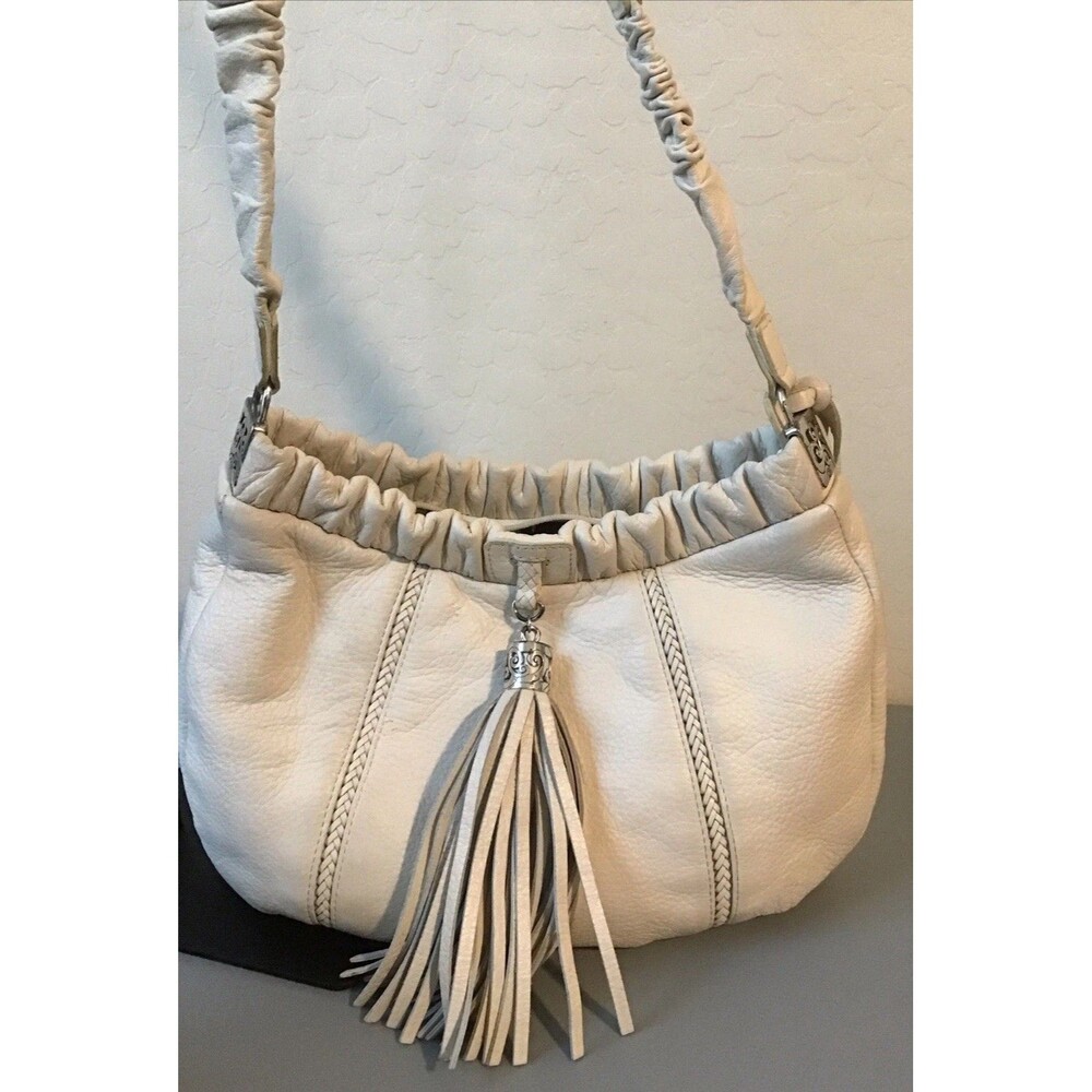 Brighton VTG Off White Leather Hobo Bag Heart & Tassle Charms